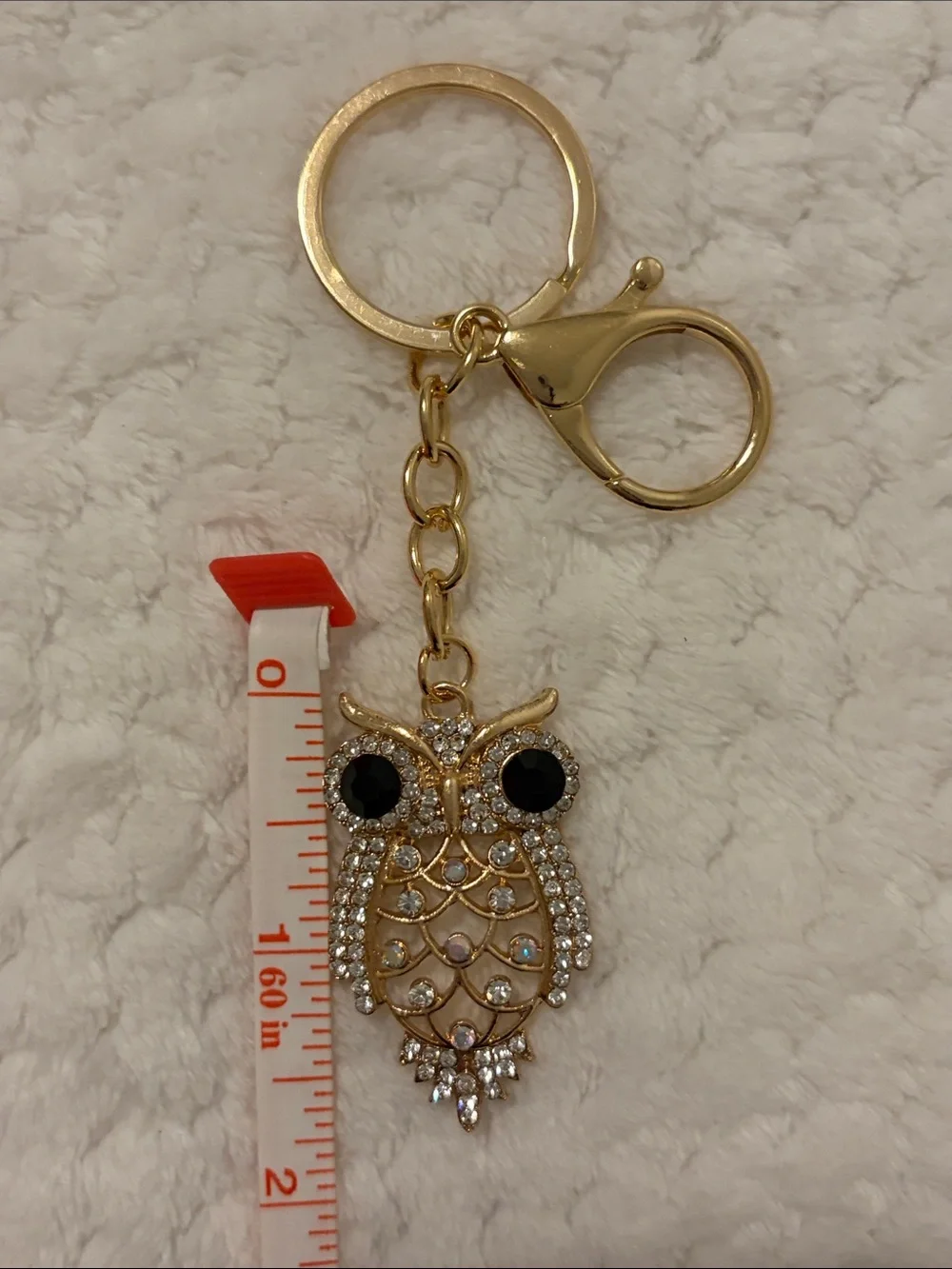 Gold Owl Keychain Pendant with Black Crystal Eyes